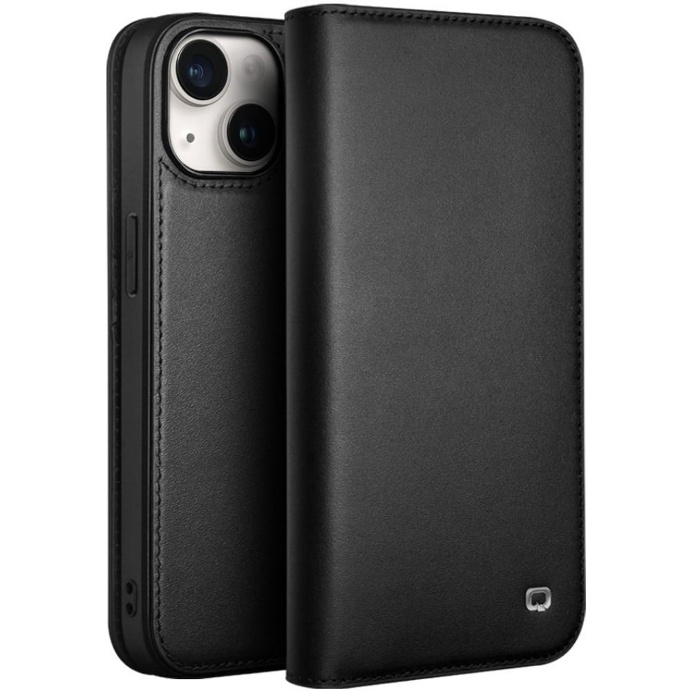Fourre iPhone 15 Plus - Flip Qialino cuir véritable - Noir mat