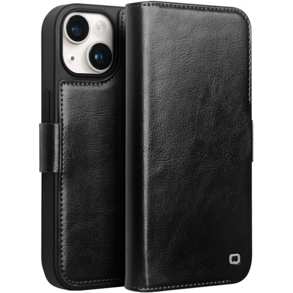 Fourre iPhone 14 - Flip Qialino cuir véritable avec fermeture magnétique - Noir
