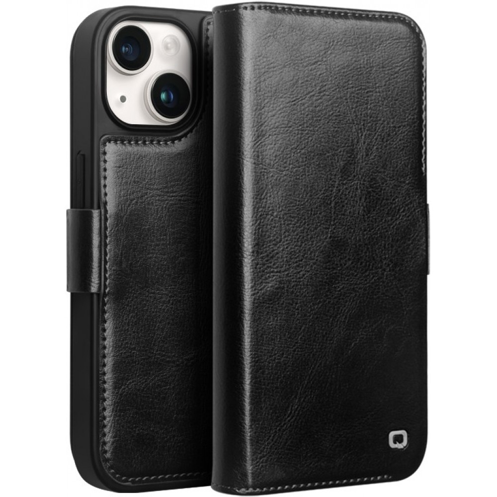 Fourre iPhone 15 - Flip Qialino cuir véritable avec fermeture magnétique - Noir