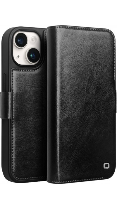 iPhone 14 Plus Case Hülle - Flip Qialino Echtleder mit magnetischem Verschluss - Schwarz