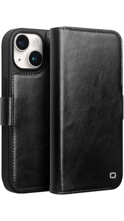 Fourre iPhone 14 - Flip Qialino cuir véritable avec fermeture magnétique - Noir