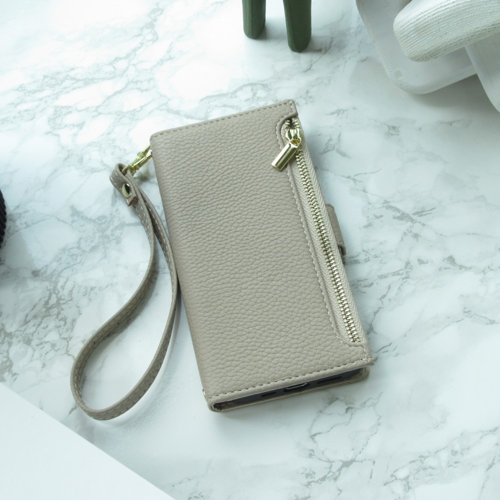 Fourre iPhone 15 - Flip Wallet en cuir végétal avec portefeuille et fermeture magnétique - Beige