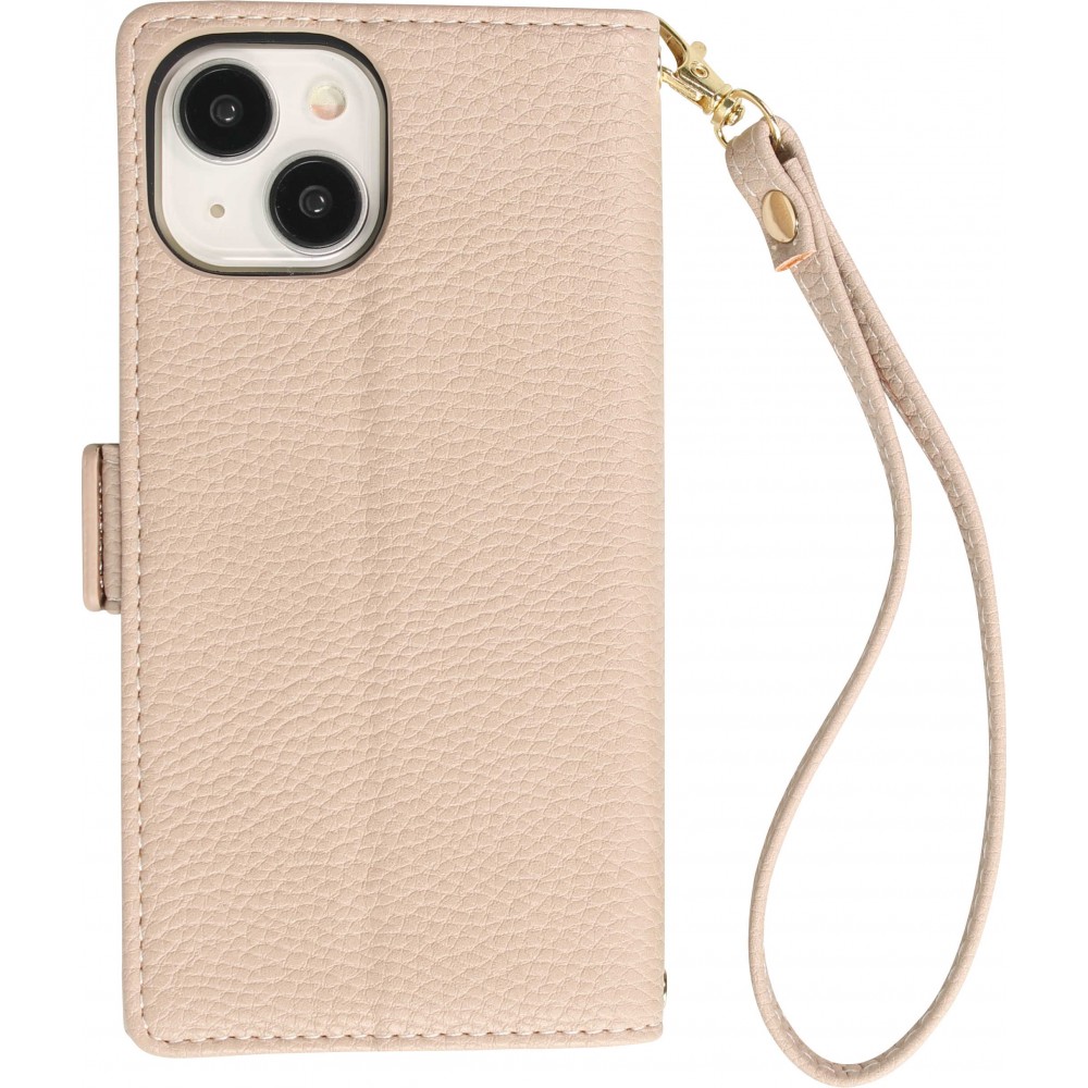 Fourre iPhone 15 - Flip Wallet en cuir végétal avec portefeuille et fermeture magnétique - Beige
