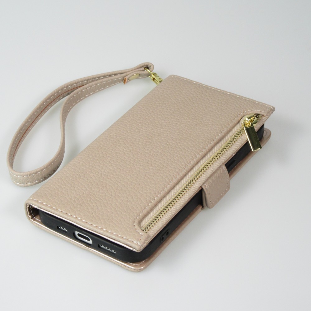 Fourre iPhone 15 - Flip Wallet en cuir végétal avec portefeuille et fermeture magnétique - Beige