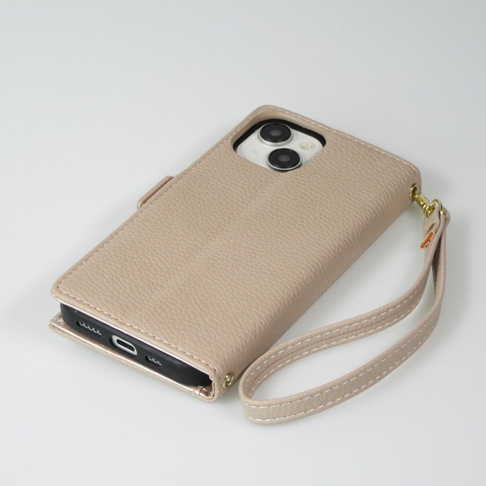 Fourre iPhone 15 - Flip Wallet en cuir végétal avec portefeuille et fermeture magnétique - Beige
