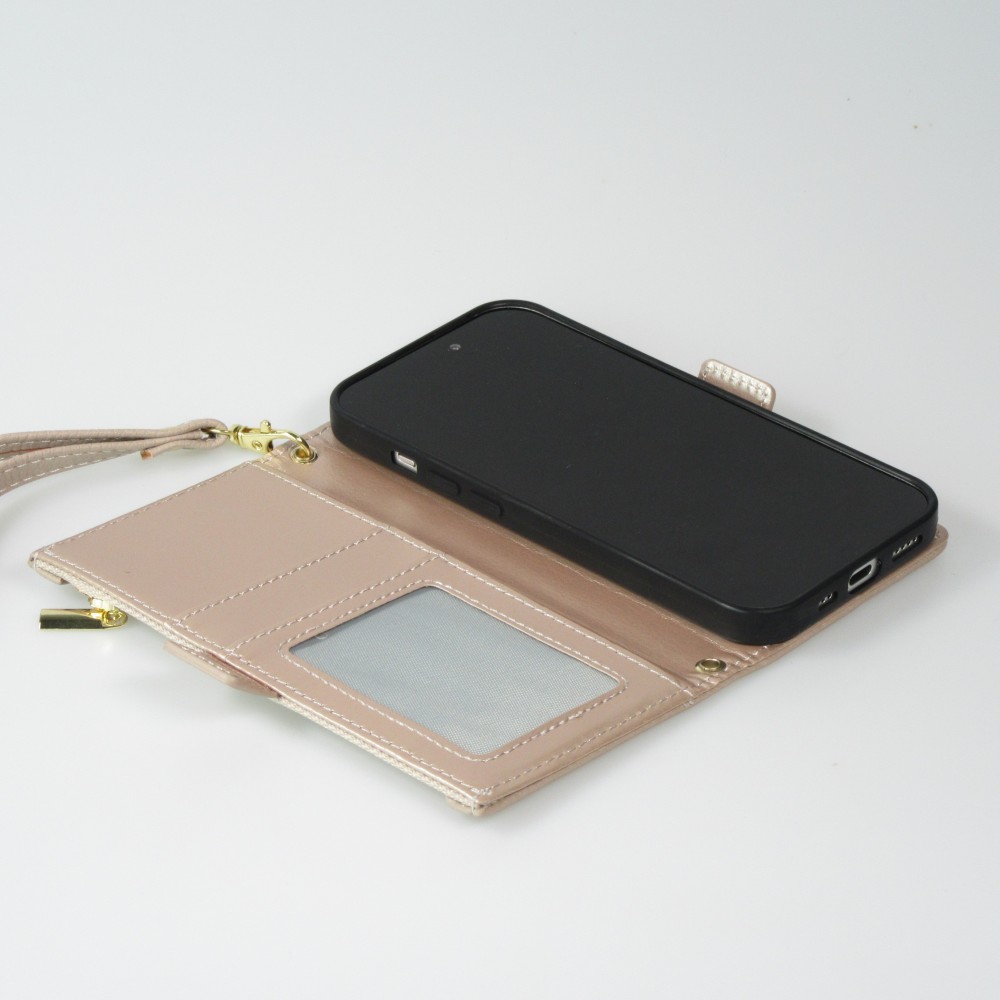 Fourre iPhone 15 - Flip Wallet en cuir végétal avec portefeuille et fermeture magnétique - Beige