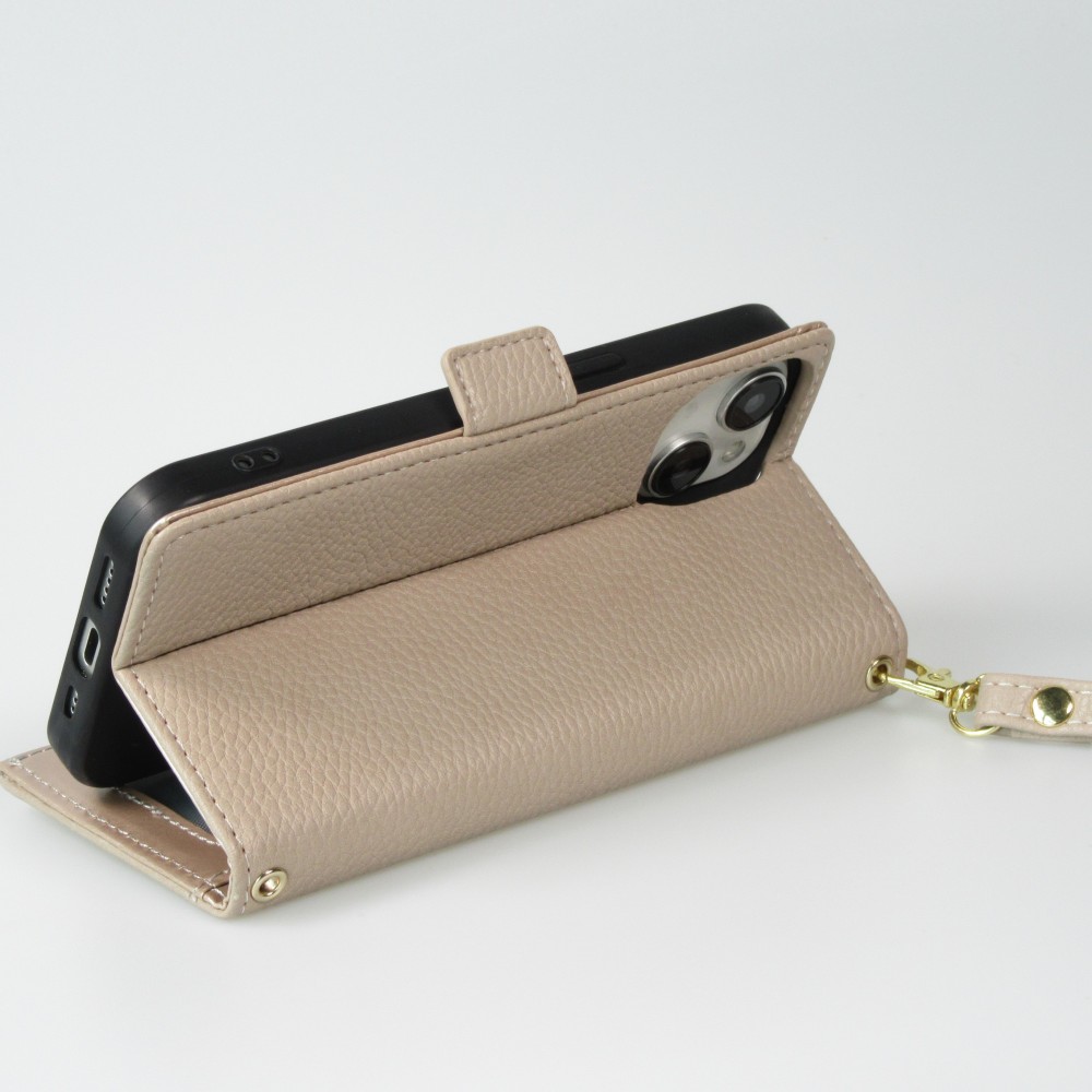 Fourre iPhone 15 - Flip Wallet en cuir végétal avec portefeuille et fermeture magnétique - Beige