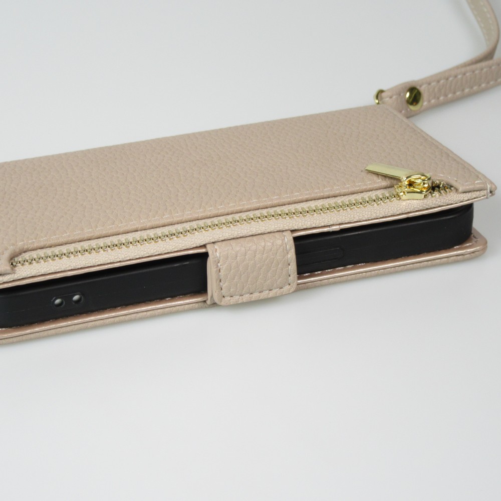 Fourre iPhone 15 - Flip Wallet en cuir végétal avec portefeuille et fermeture magnétique - Beige