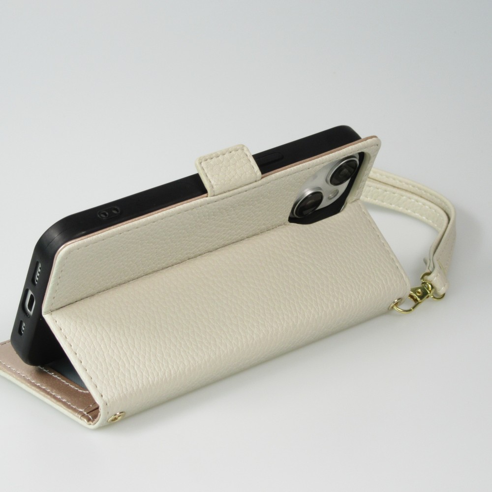 iPhone 15 Case Hülle - Flip Wallet aus veganem Leder mit Brieftasche und Magnetverschluss - Weiss