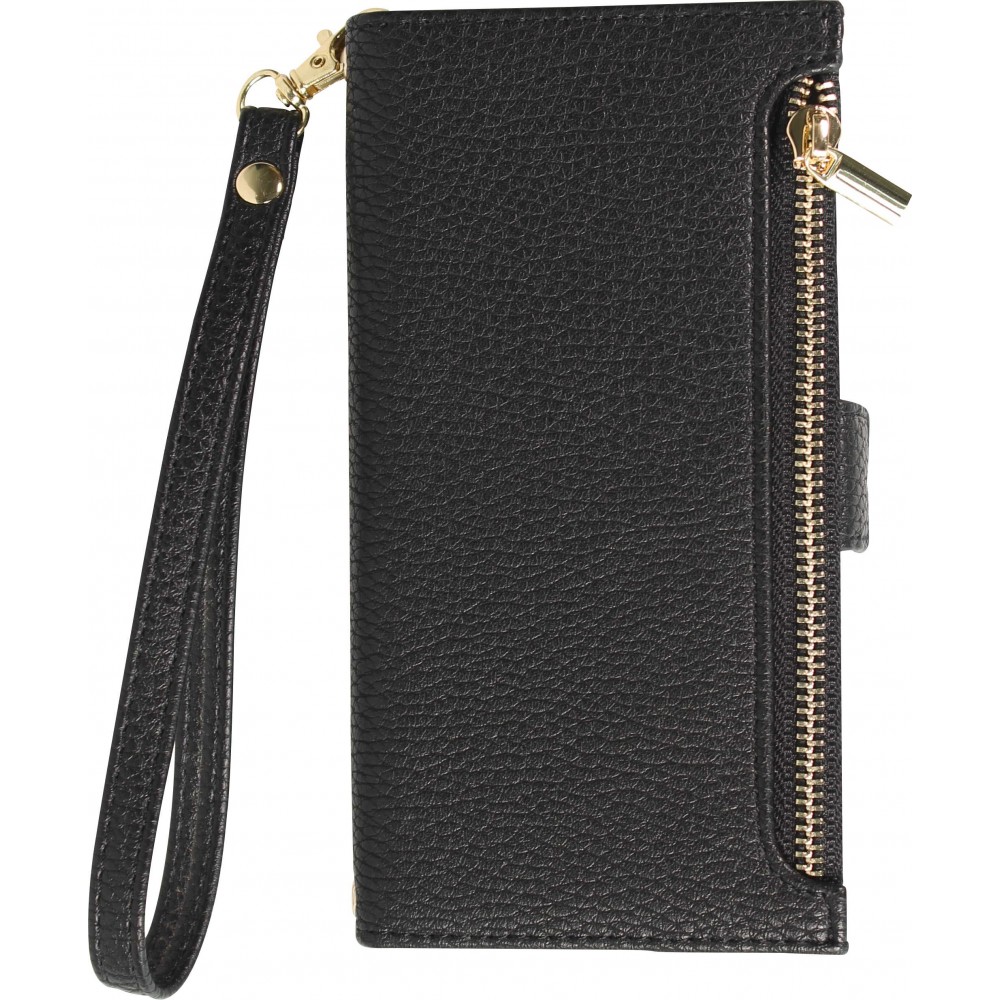 iPhone 15 Case Hülle - Flip Wallet aus veganem Leder mit Brieftasche und Magnetverschluss - Schwarz