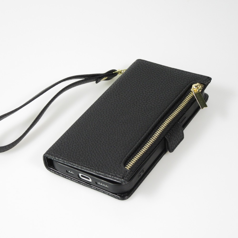 iPhone 15 Case Hülle - Flip Wallet aus veganem Leder mit Brieftasche und Magnetverschluss - Schwarz