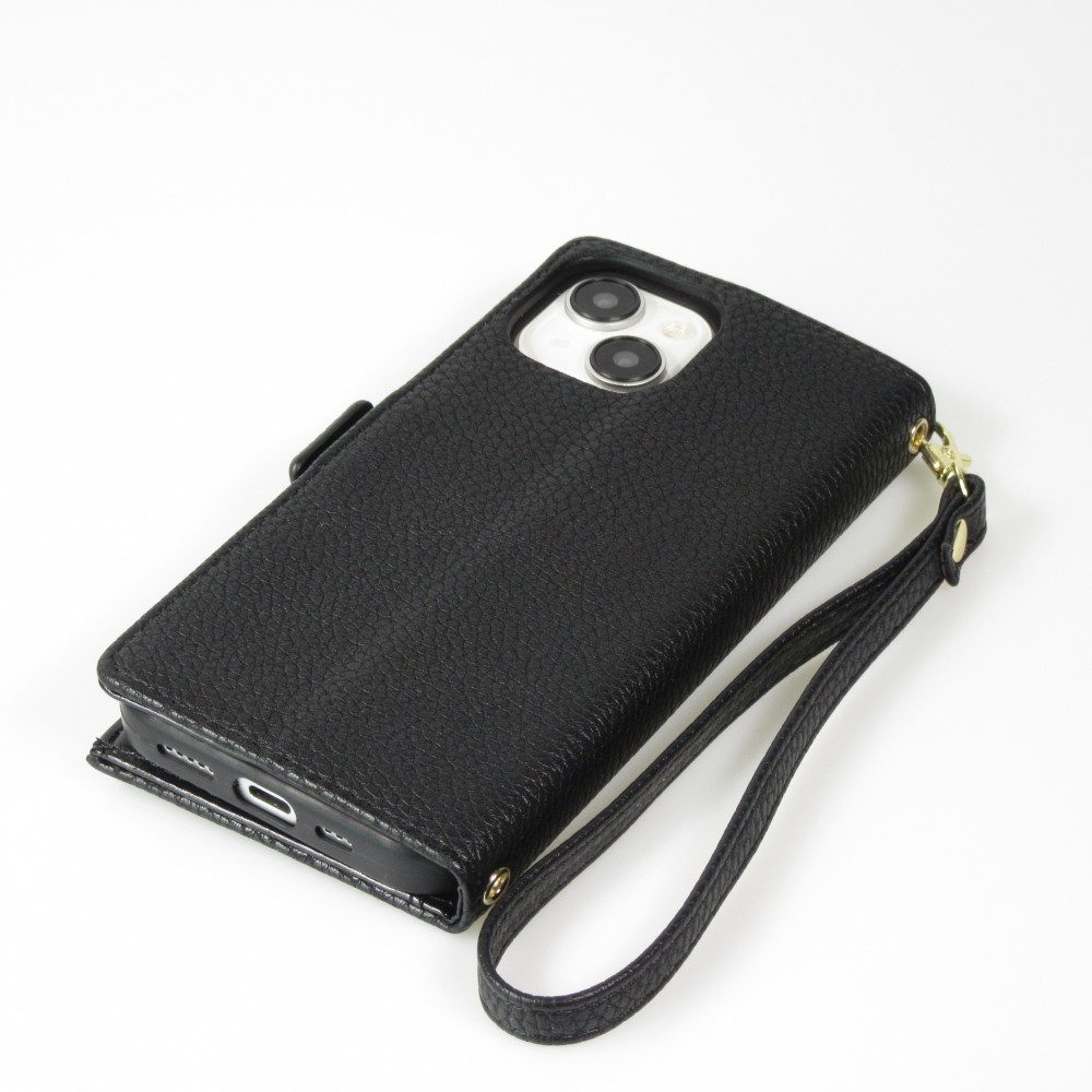iPhone 15 Case Hülle - Flip Wallet aus veganem Leder mit Brieftasche und Magnetverschluss - Schwarz