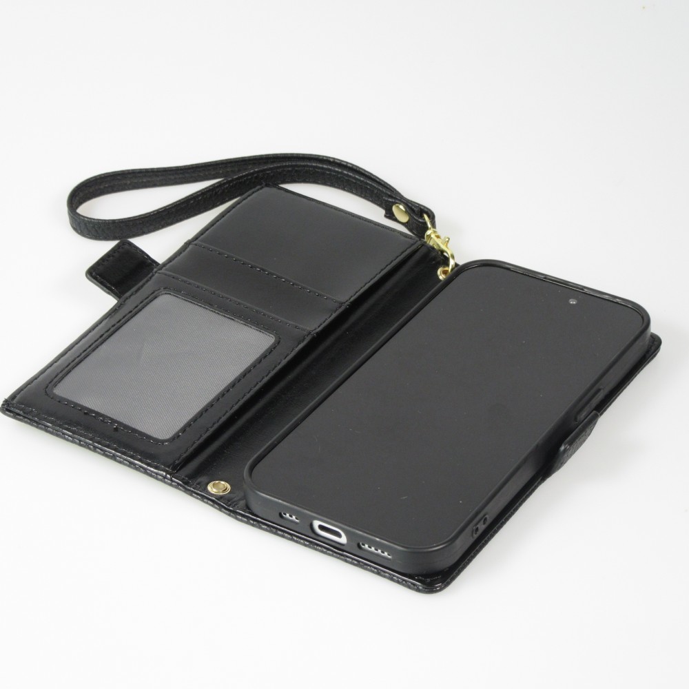 iPhone 15 Case Hülle - Flip Wallet aus veganem Leder mit Brieftasche und Magnetverschluss - Schwarz
