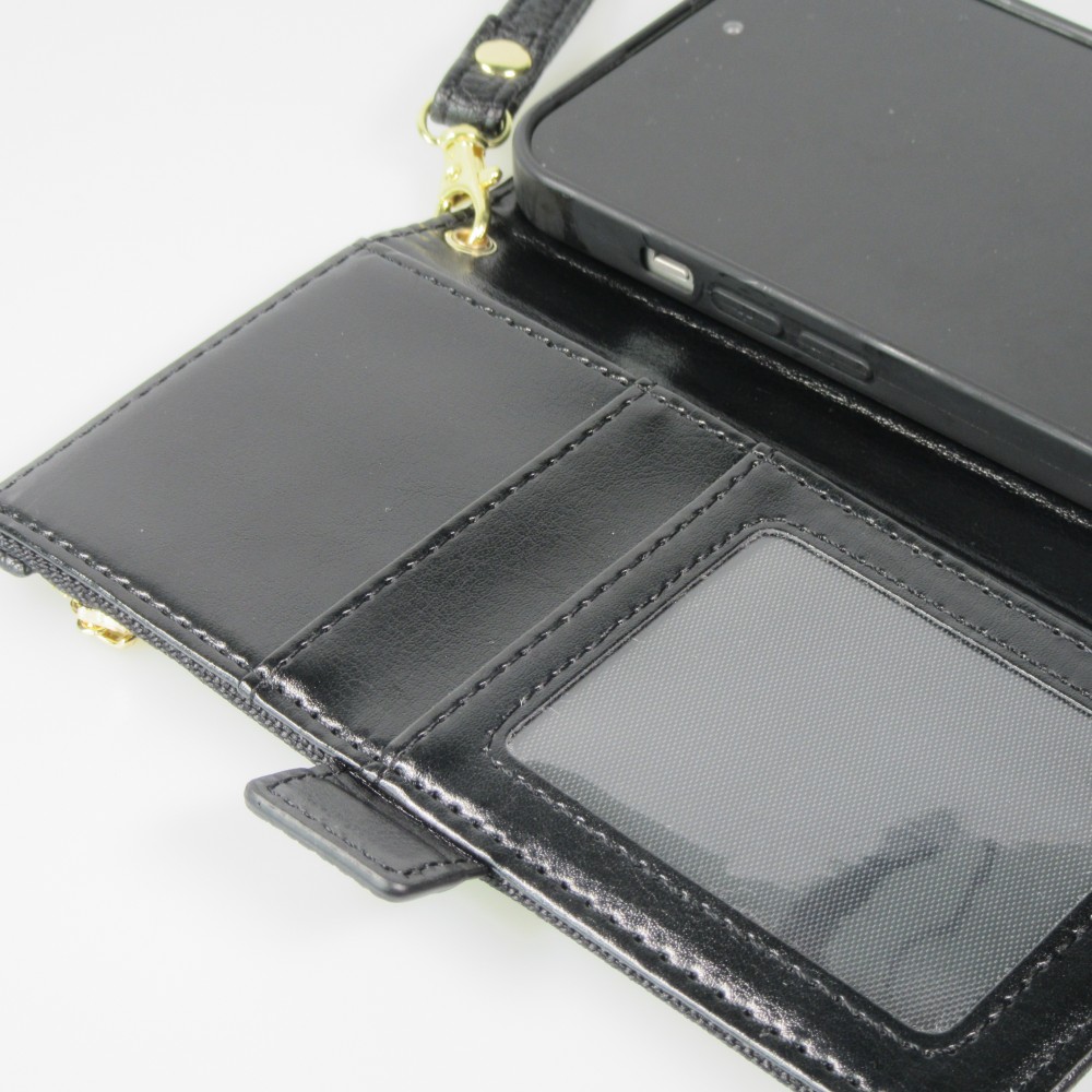 iPhone 15 Case Hülle - Flip Wallet aus veganem Leder mit Brieftasche und Magnetverschluss - Schwarz