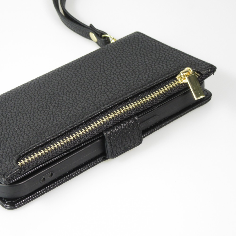 iPhone 15 Case Hülle - Flip Wallet aus veganem Leder mit Brieftasche und Magnetverschluss - Schwarz
