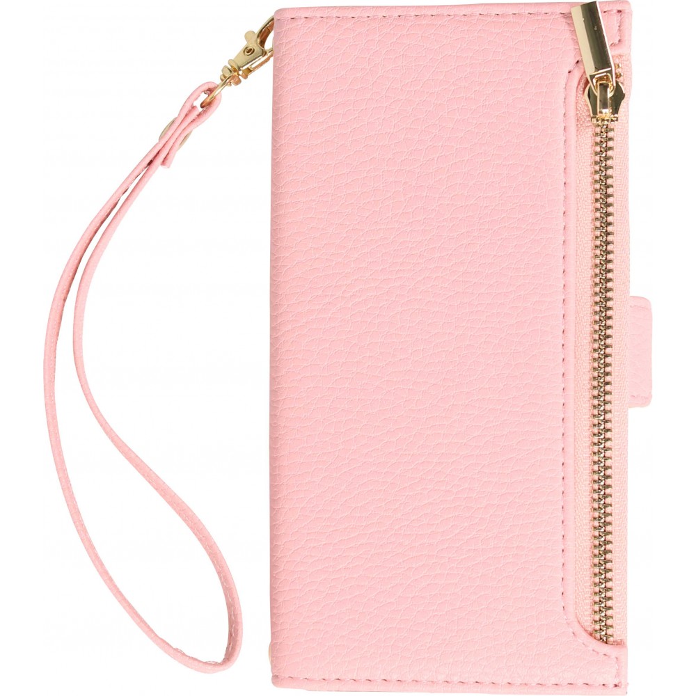 iPhone 15 Case Hülle - Flip Wallet aus veganem Leder mit Brieftasche und Magnetverschluss - Rosa