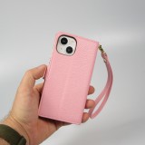 iPhone 15 Case Hülle - Flip Wallet aus veganem Leder mit Brieftasche und Magnetverschluss - Rosa