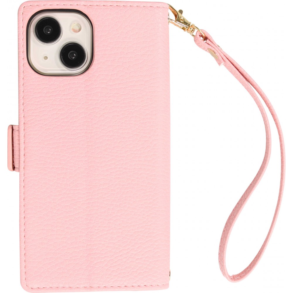 iPhone 15 Case Hülle - Flip Wallet aus veganem Leder mit Brieftasche und Magnetverschluss - Rosa