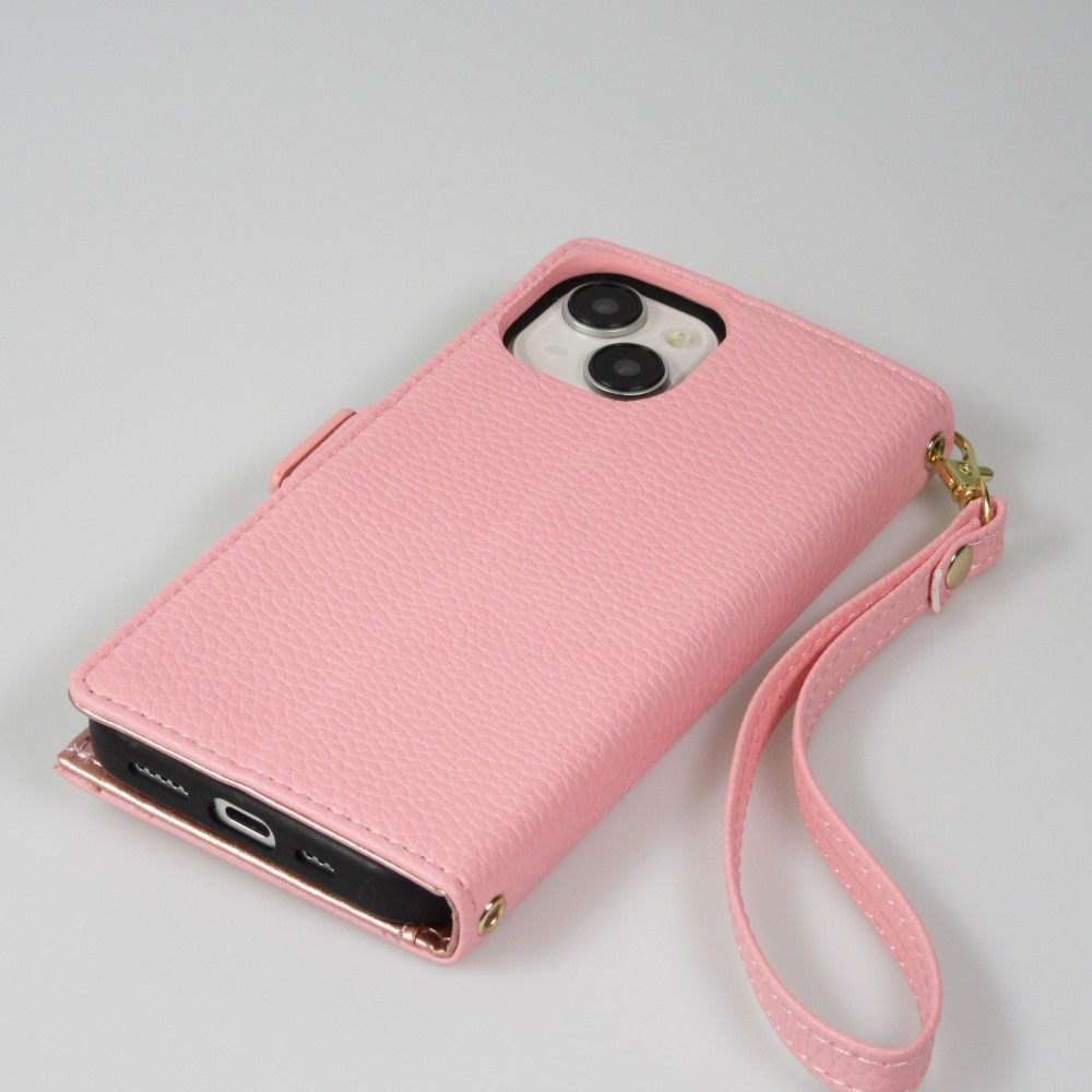 iPhone 15 Case Hülle - Flip Wallet aus veganem Leder mit Brieftasche und Magnetverschluss - Rosa
