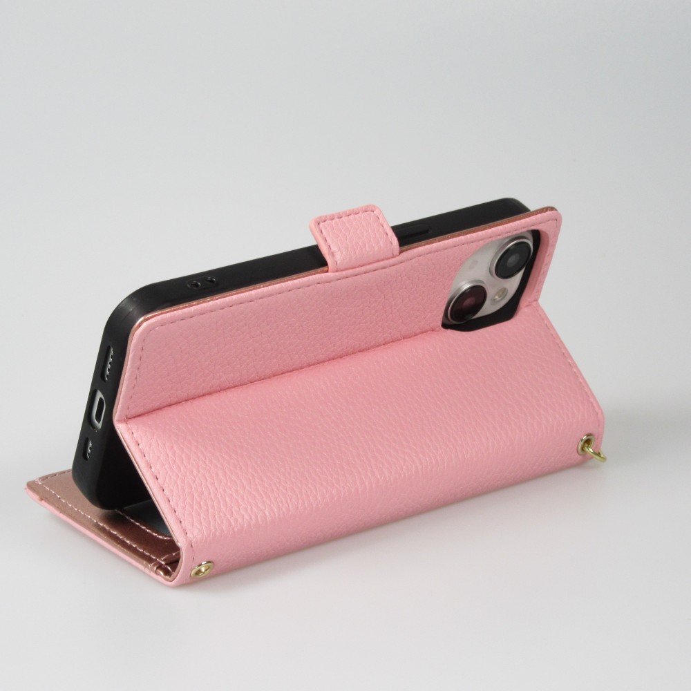 iPhone 15 Case Hülle - Flip Wallet aus veganem Leder mit Brieftasche und Magnetverschluss - Rosa