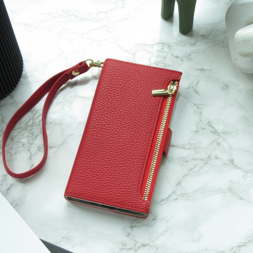 iPhone 15 Case Hülle - Flip Wallet aus veganem Leder mit Brieftasche und Magnetverschluss - Rot