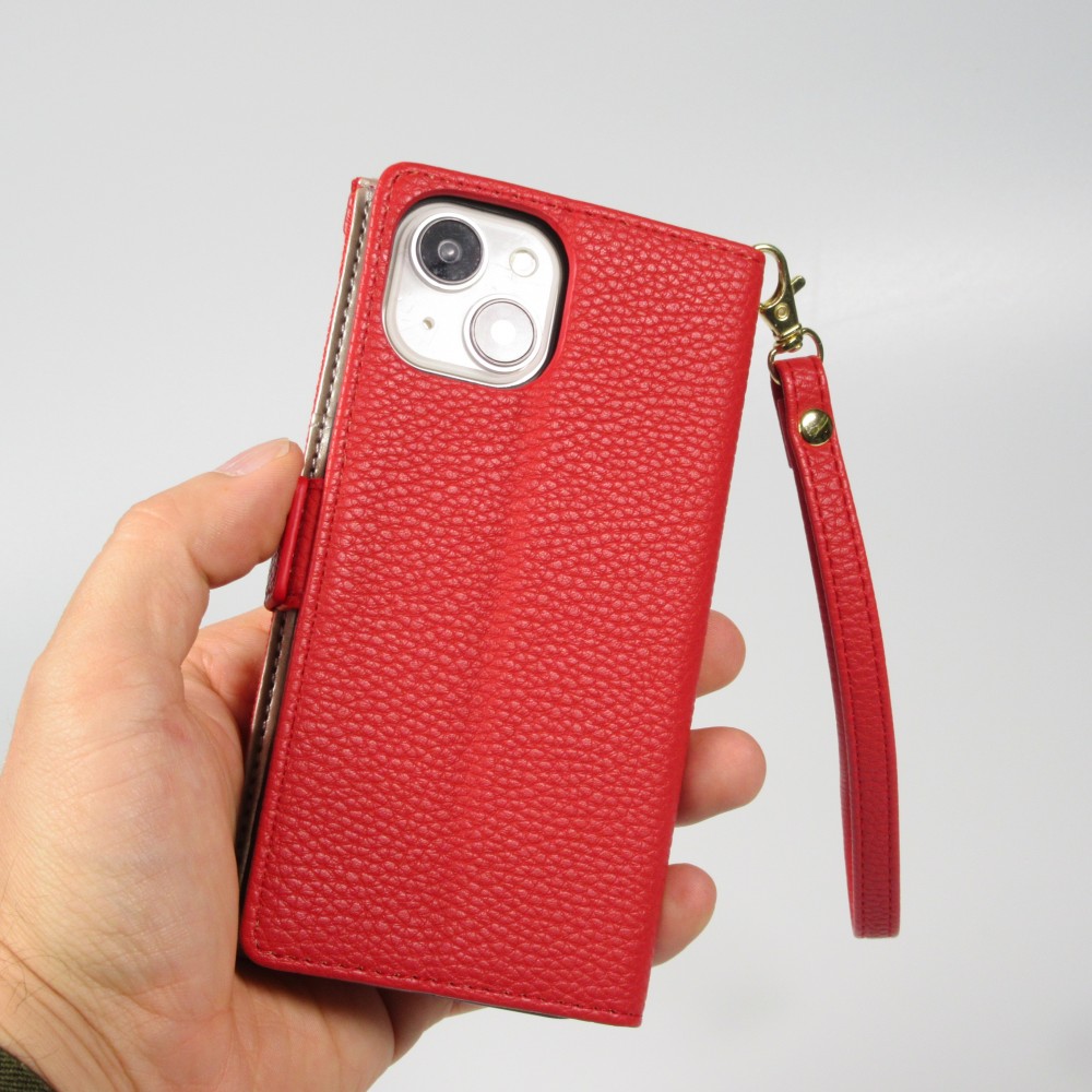 iPhone 15 Case Hülle - Flip Wallet aus veganem Leder mit Brieftasche und Magnetverschluss - Rot