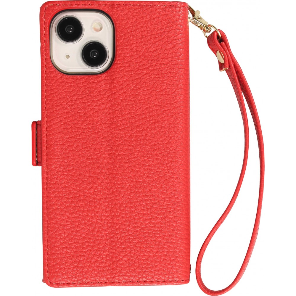 iPhone 15 Case Hülle - Flip Wallet aus veganem Leder mit Brieftasche und Magnetverschluss - Rot