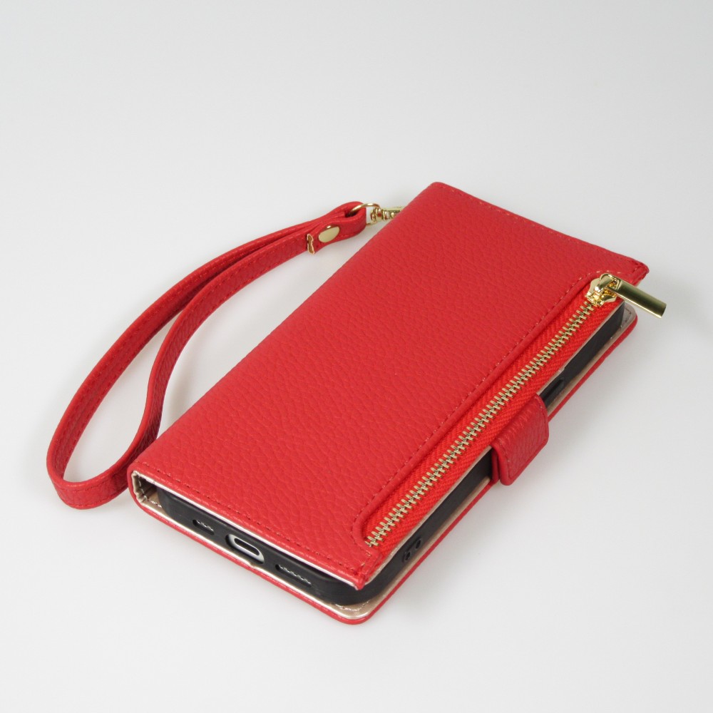 iPhone 15 Case Hülle - Flip Wallet aus veganem Leder mit Brieftasche und Magnetverschluss - Rot