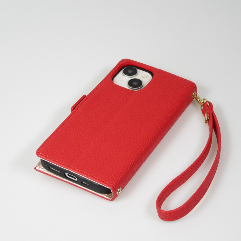 iPhone 15 Case Hülle - Flip Wallet aus veganem Leder mit Brieftasche und Magnetverschluss - Rot