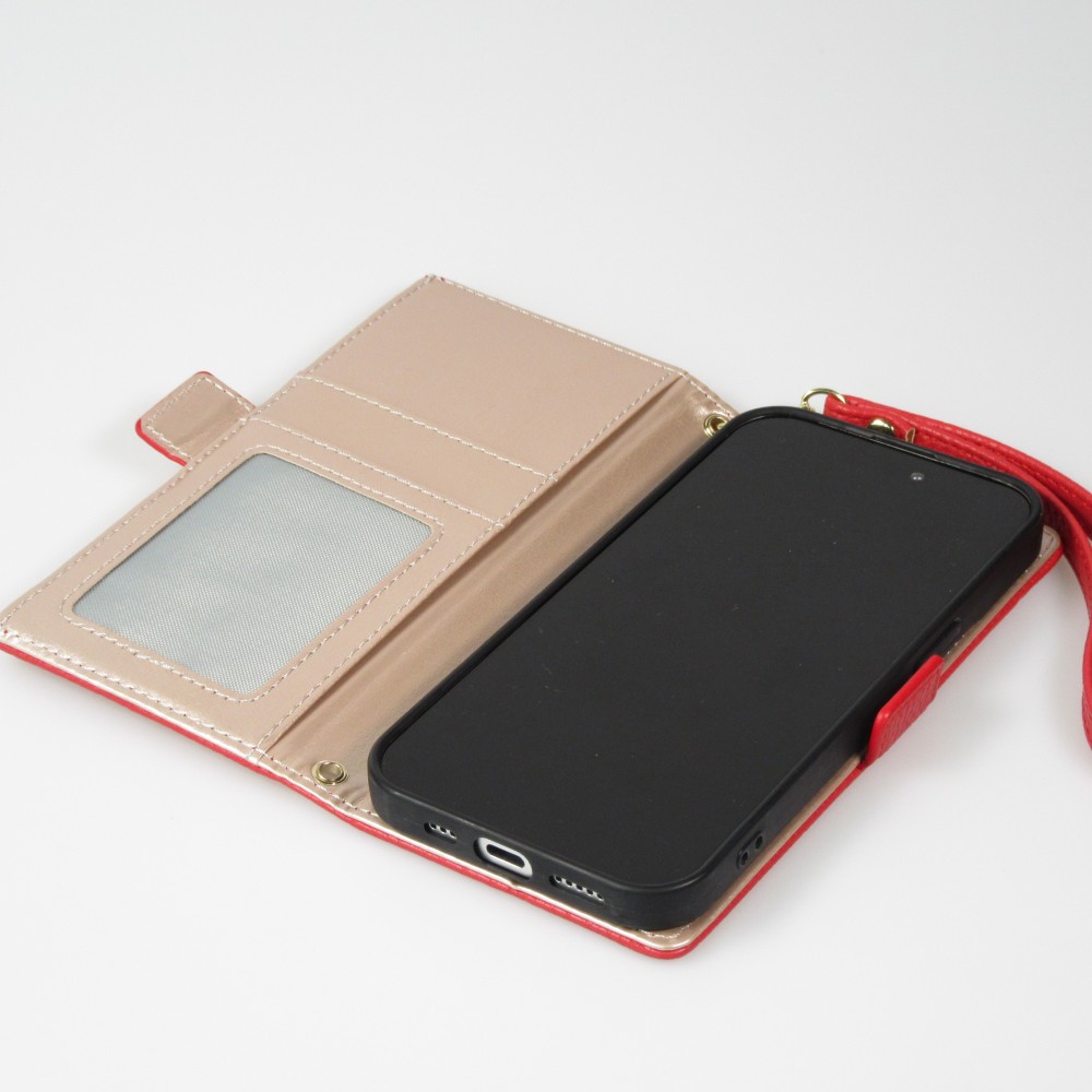 iPhone 15 Case Hülle - Flip Wallet aus veganem Leder mit Brieftasche und Magnetverschluss - Rot