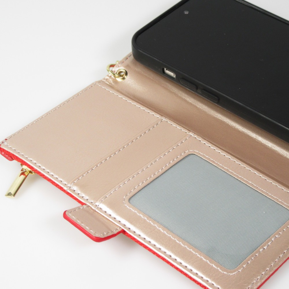 iPhone 15 Case Hülle - Flip Wallet aus veganem Leder mit Brieftasche und Magnetverschluss - Rot