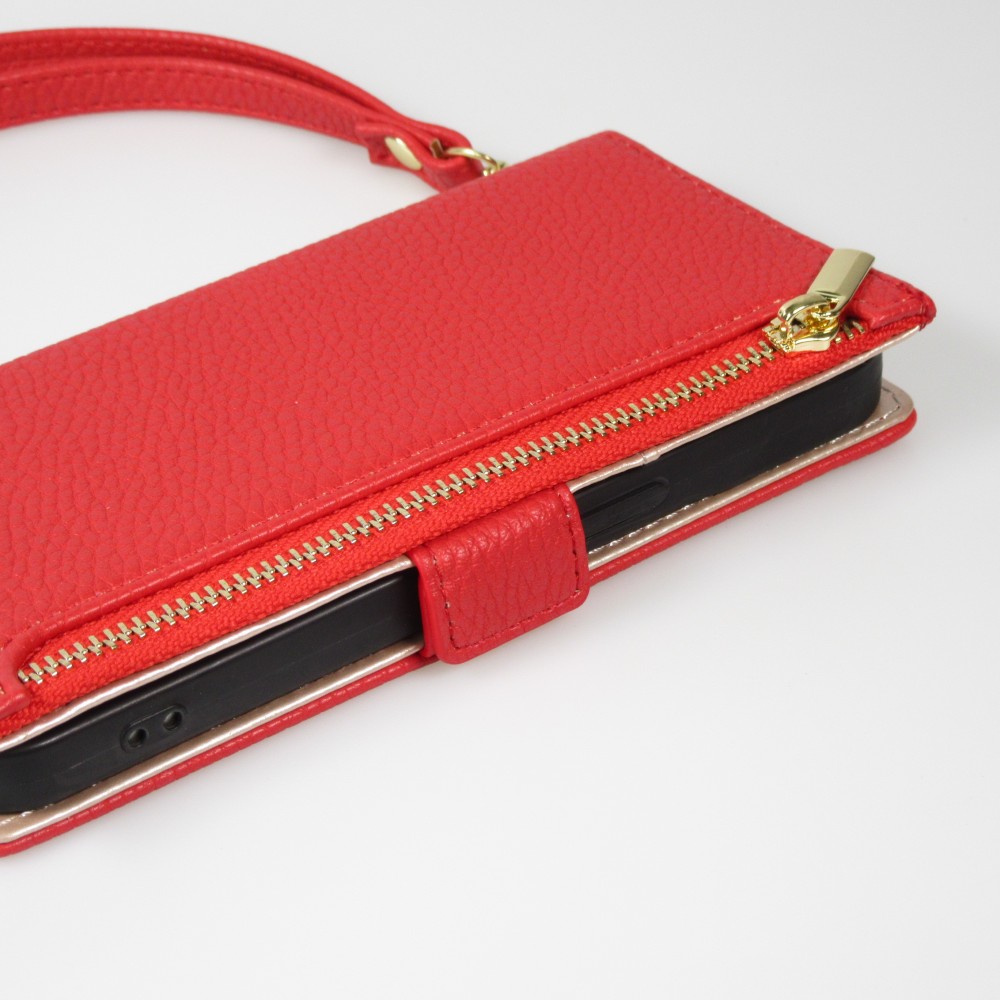 iPhone 15 Case Hülle - Flip Wallet aus veganem Leder mit Brieftasche und Magnetverschluss - Rot