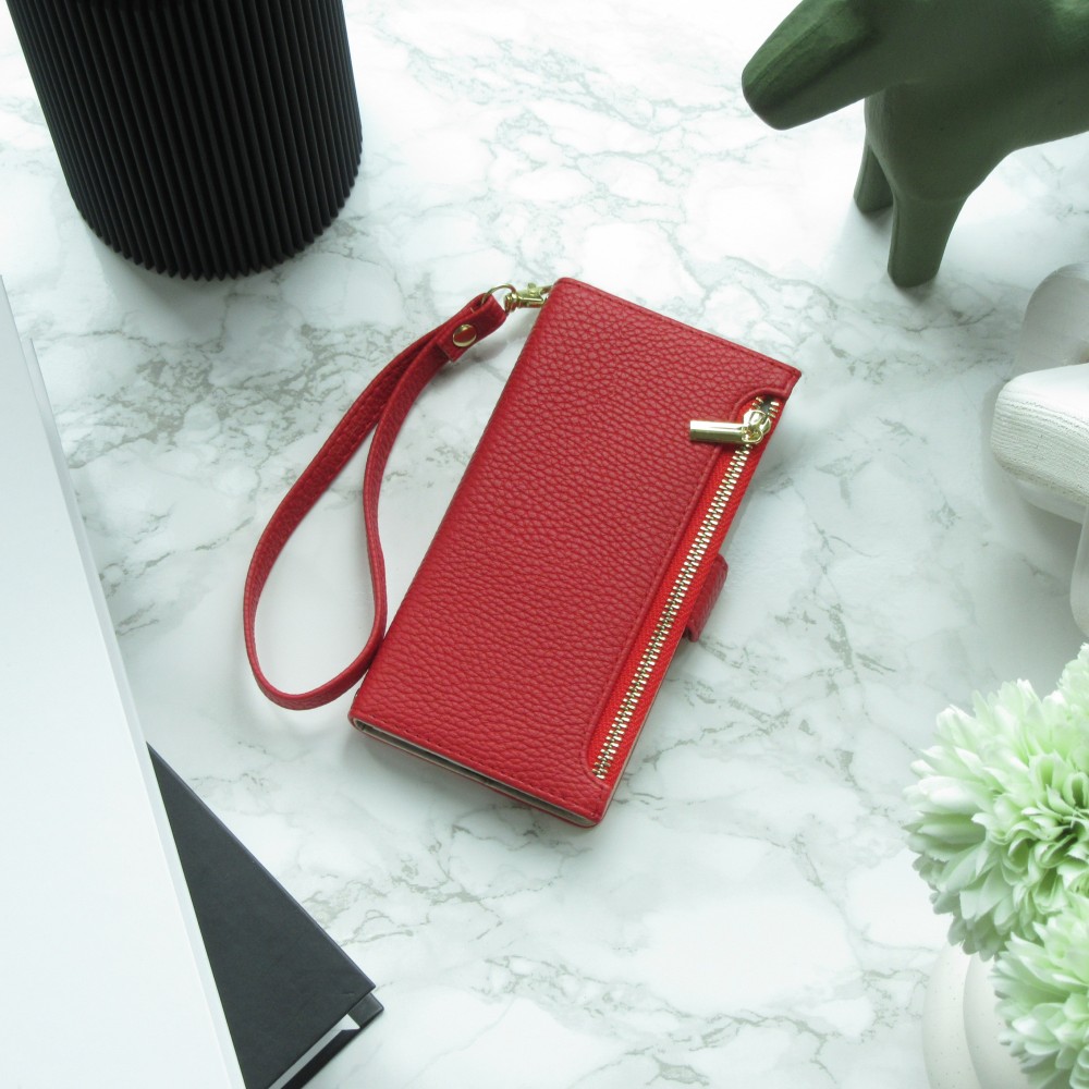 iPhone 15 Case Hülle - Flip Wallet aus veganem Leder mit Brieftasche und Magnetverschluss - Rot