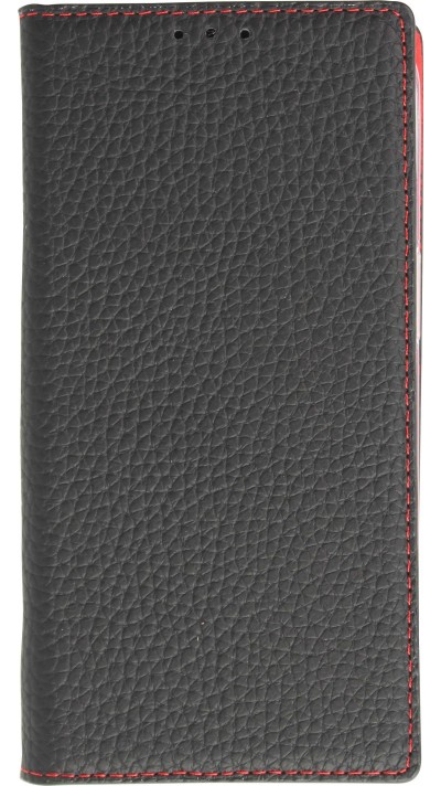 iPhone 15 Pro Case Hülle - Flip 3D echtes genarbtes Rindsleder - Schwarz/rot