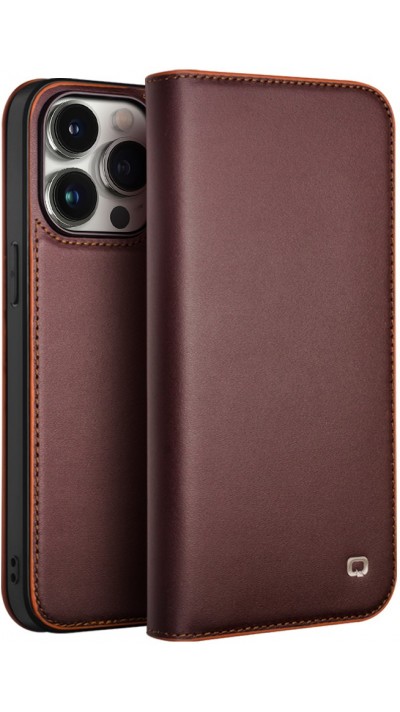 Fourre iPhone 15 Pro - Flip Qialino cuir véritable - Brun foncé mat