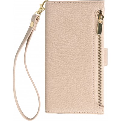 Fourre iPhone 15 Pro - Flip Wallet en cuir v&eacute;g&eacute;tal avec portefeuille et fermeture magn&eacute;tique - Beige