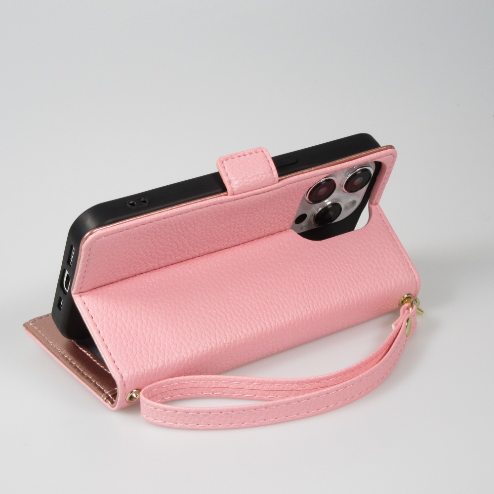 iPhone 15 Pro Max Case Hülle - Flip Wallet aus veganem Leder mit Brieftasche und Magnetverschluss - Violette