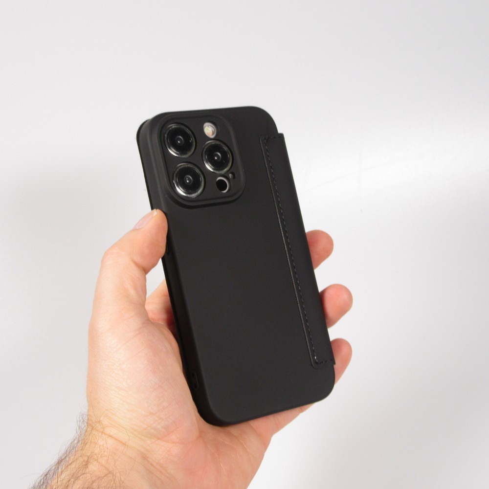 Fourre iPhone 15 Pro - Flip silicone souple avec surface lisse et mate - Noir