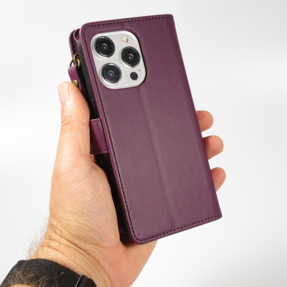 iPhone 15 Pro Max Case Hülle - Brieftaschen-Hülle luxuriös und raffiniert mit Magnet Verschluss & Münz- und Kartenfach - Dunkelviolett