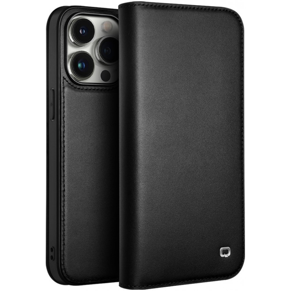 Fourre iPhone 15 Pro - Flip Qialino cuir véritable - Noir mat