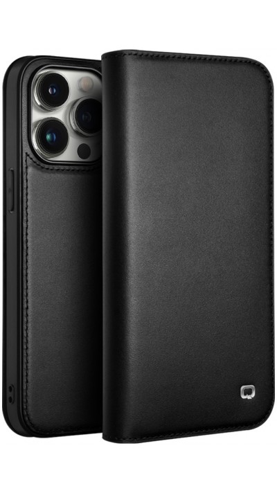 Fourre iPhone 15 Pro - Flip Qialino cuir véritable - Noir mat