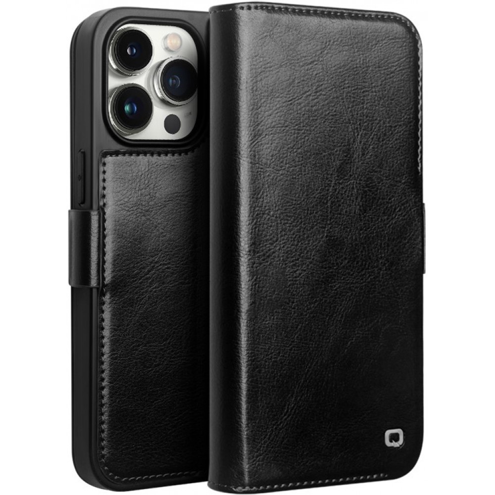 Fourre iPhone 14 Pro - Flip Qialino cuir véritable avec fermeture magnétique - Noir