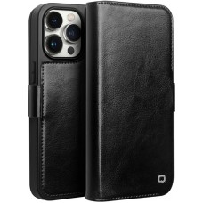 Fourre iPhone 14 Pro Max - Flip Qialino cuir véritable avec fermeture magnétique - Noir