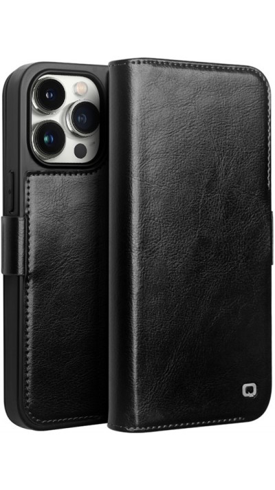 Fourre iPhone 14 Pro Max - Flip Qialino cuir véritable avec fermeture magnétique - Noir