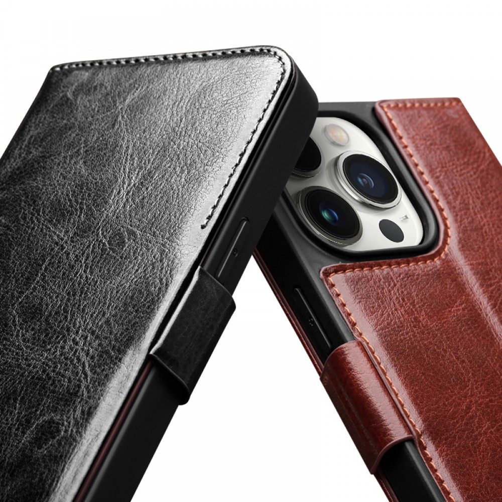 Fourre iPhone 14 Pro - Flip Qialino cuir véritable avec fermeture magnétique - Noir