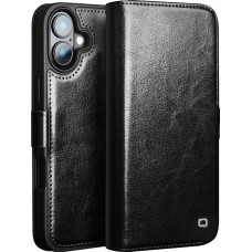 Fourre iPhone 16e - Flip Qialino cuir véritable avec fermeture magnétique - Noir