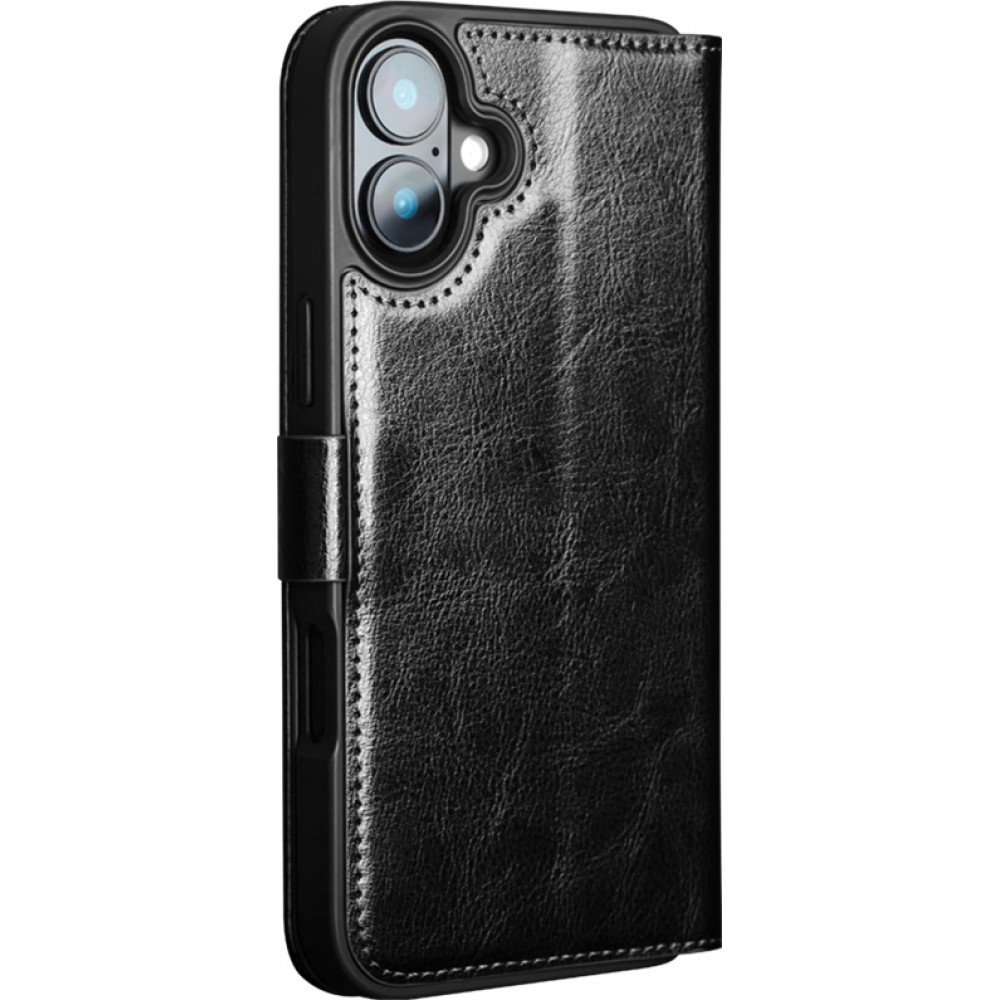Fourre iPhone 16e - Flip Qialino cuir véritable avec fermeture magnétique - Noir