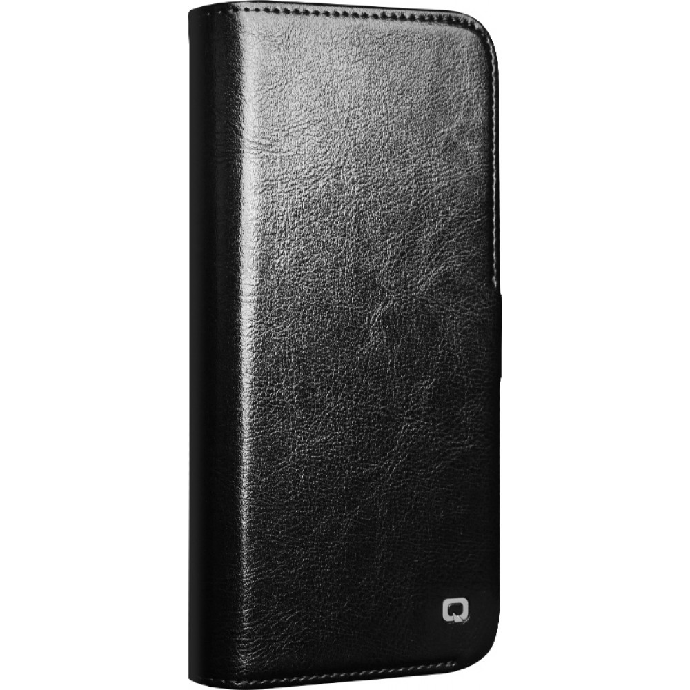 Fourre iPhone 16e - Flip Qialino cuir véritable avec fermeture magnétique - Noir
