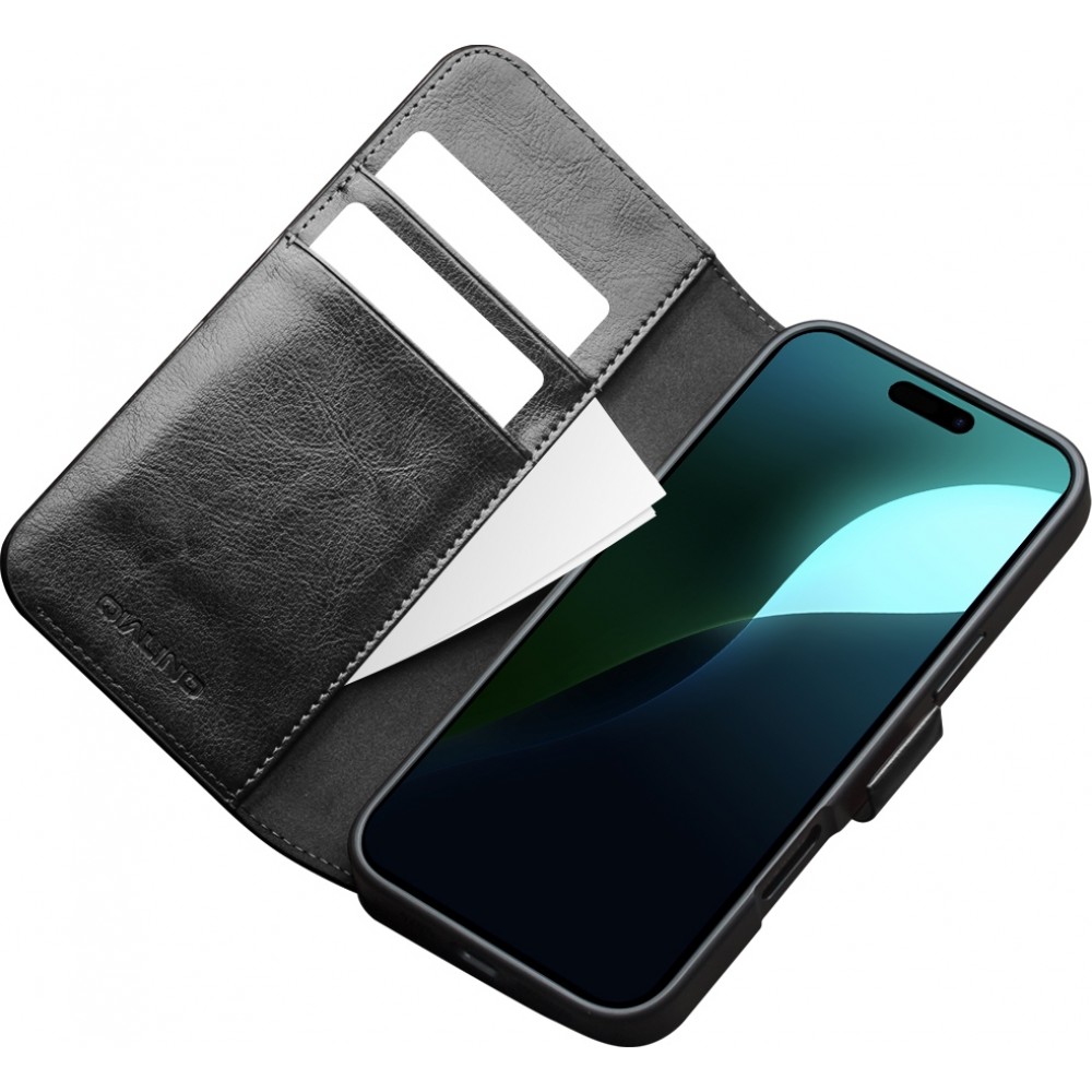 Fourre iPhone 16e - Flip Qialino cuir véritable avec fermeture magnétique - Noir