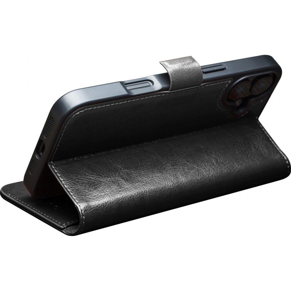 Fourre iPhone 16e - Flip Qialino cuir véritable avec fermeture magnétique - Noir